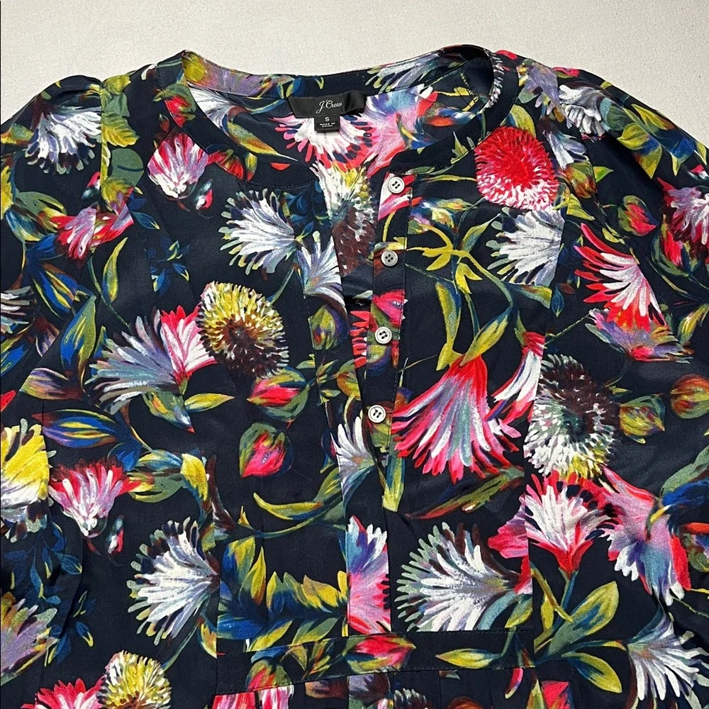 J. Crew Silk Pleated Floral Popover blouse‎ whimsical career statement Small